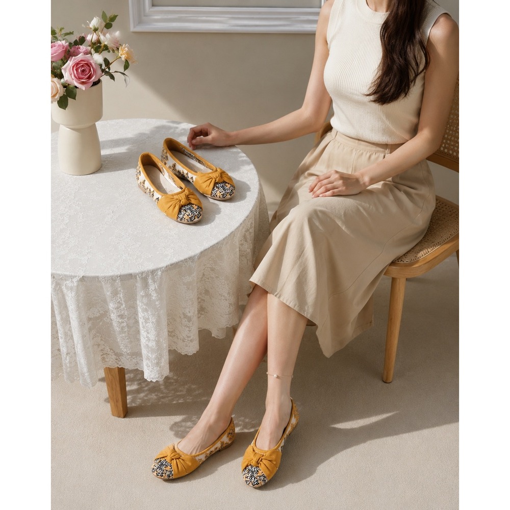 VIVAIA Bibi Almond Toe Bow Ballet Flats Comfortable Knit Slip On Shoes US/7-7.5